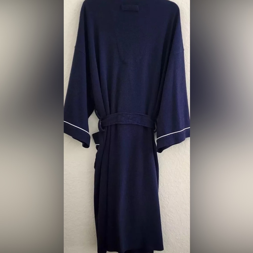ROBE-IZOD-NAVY BLUE-WHITE TRIM-CLASSIC-ATTACHED TIE-LONG-WAFFLE-LONG SLEEVES - Picture 2 of 8